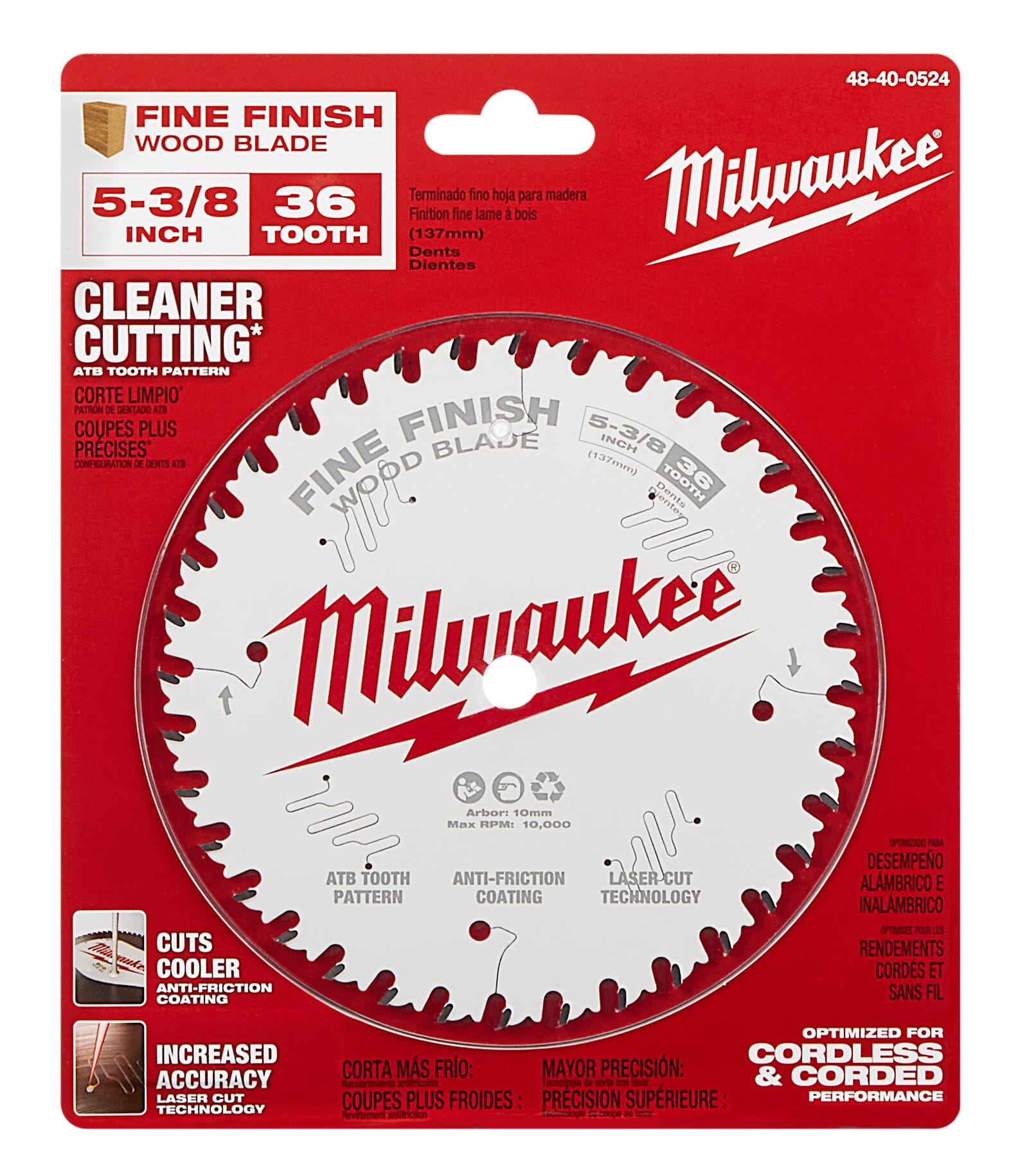 Milwaukee® 48-40-0524 Fine Finish Thin Kerf Circular Saw Blade, 5-3/8 in Dia x 1.05 in THK, 10 mm Arbor, Carbide Blade, 36 Teeth